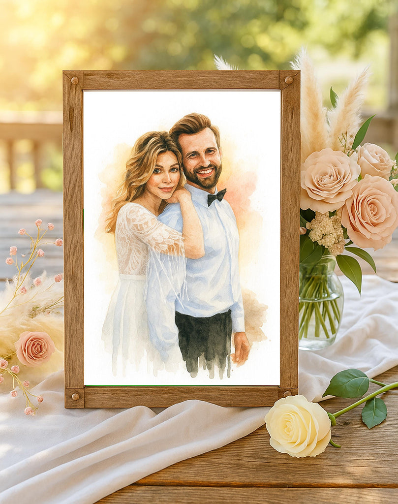 Wedding Anniversary Gift Watercolor Portrait from Photo, Personalized Couple Print, Custom Bride and Groom Wall Art Keepsake