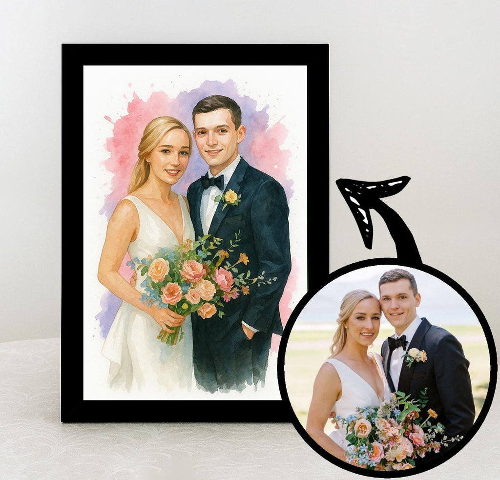 Romantic Wedding Watercolor Print from Photo, Custom Bride and Groom Portrait, Personalized Couple Gift, Anniversary Wall Decor
