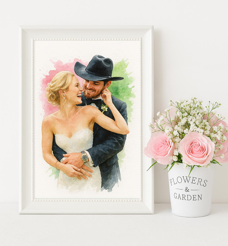 Romantic Wedding Watercolor Print from Photo, Custom Bride and Groom Portrait, Personalized Couple Gift, Anniversary Wall Decor