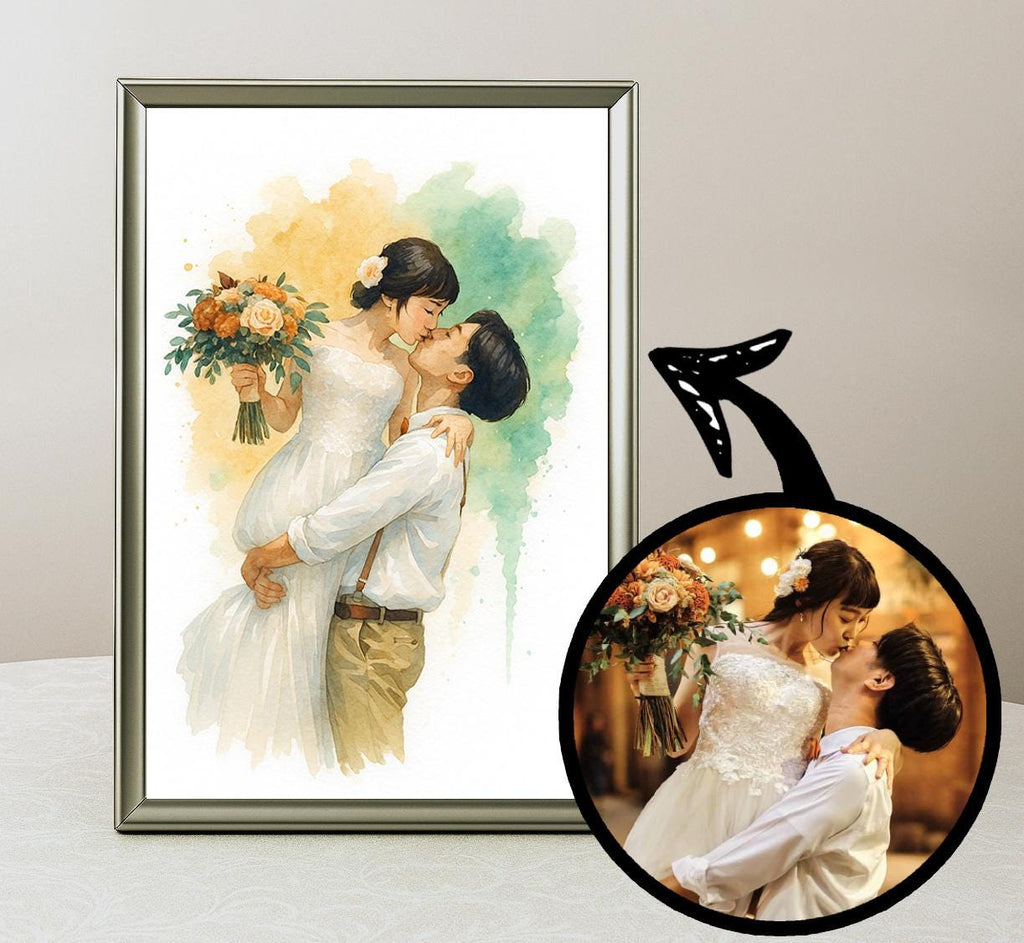Wedding Photo to Watercolor Portrait, Custom Bride and Groom Print, Personalized Couple Anniversary Gift, Romantic Wall Art