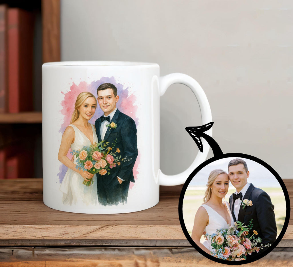Custom Wedding Watercolor Coffee Mug, Personalized Bride and Groom Portrait from Photo, Romantic Anniversary Gift, Couple Keepsake Cup -11oz