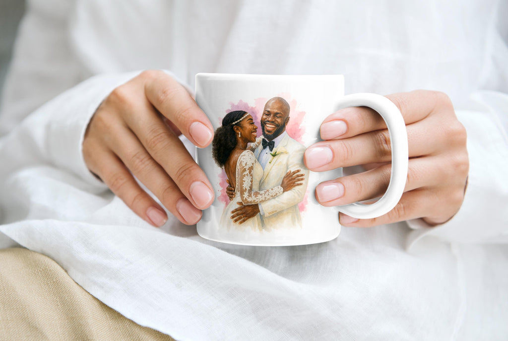 Custom Wedding Watercolor Coffee Mug, Personalized Bride and Groom Portrait from Photo, Romantic Anniversary Gift, Couple Keepsake Cup -11oz