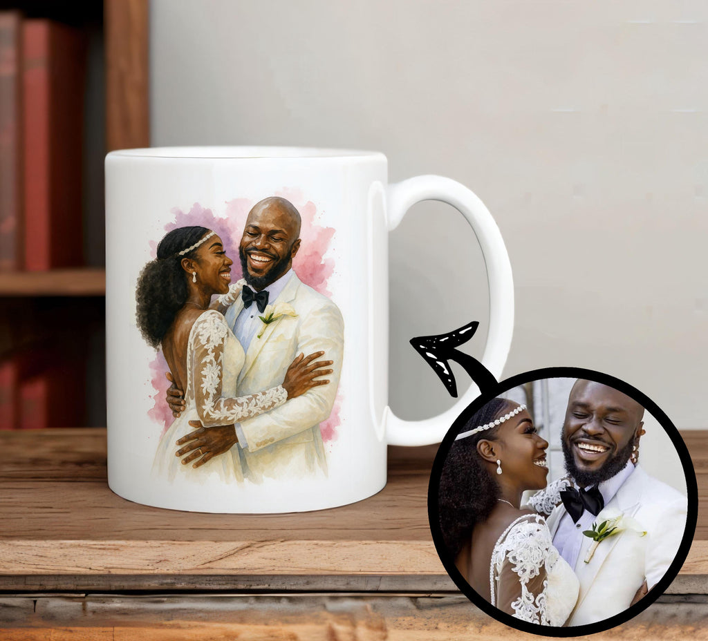 Romantic Wedding Portrait Coffee Mug, Custom Watercolor Couple Art from Photo, Personalized Anniversary Gift, Bride and Groom Keepsake -11oz