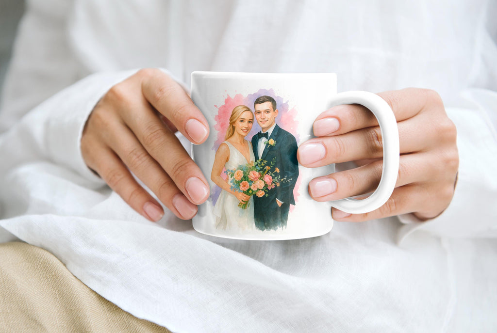 Romantic Wedding Portrait Coffee Mug, Custom Watercolor Couple Art from Photo, Personalized Anniversary Gift, Bride and Groom Keepsake -11oz
