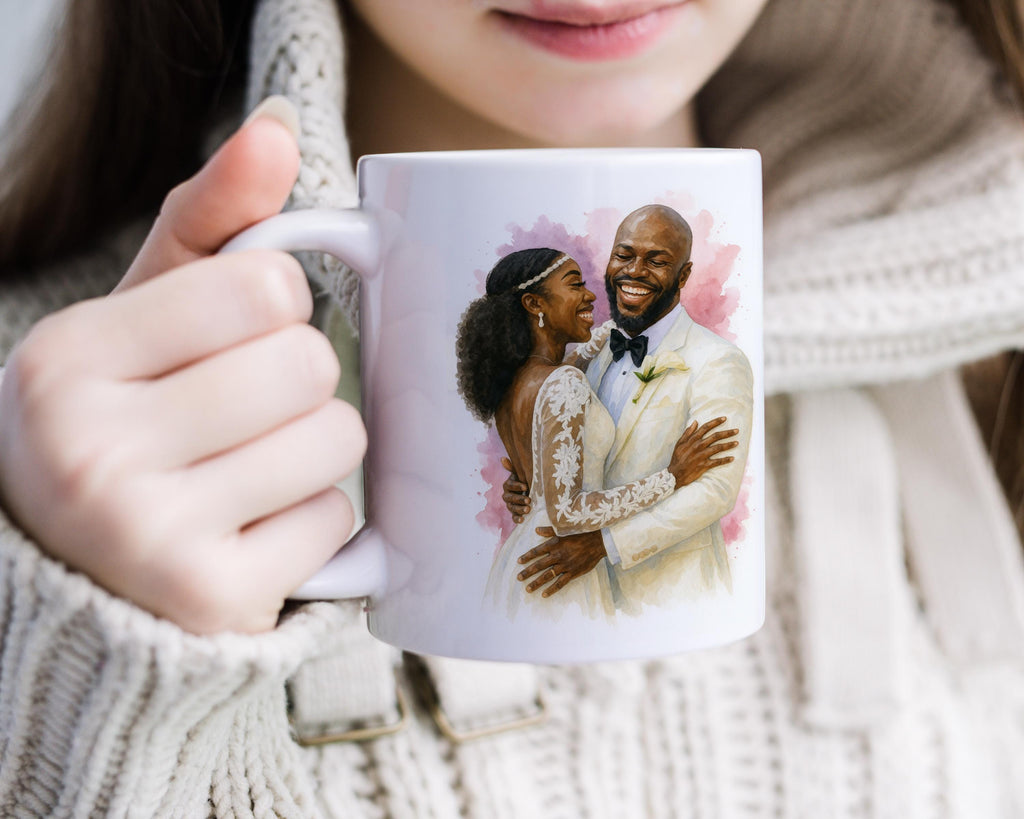 Anniversary Gift Custom Wedding Coffee Mug, Bride and Groom Portrait in Watercolor, Personalized Couple Keepsake Drinkware - 11oz