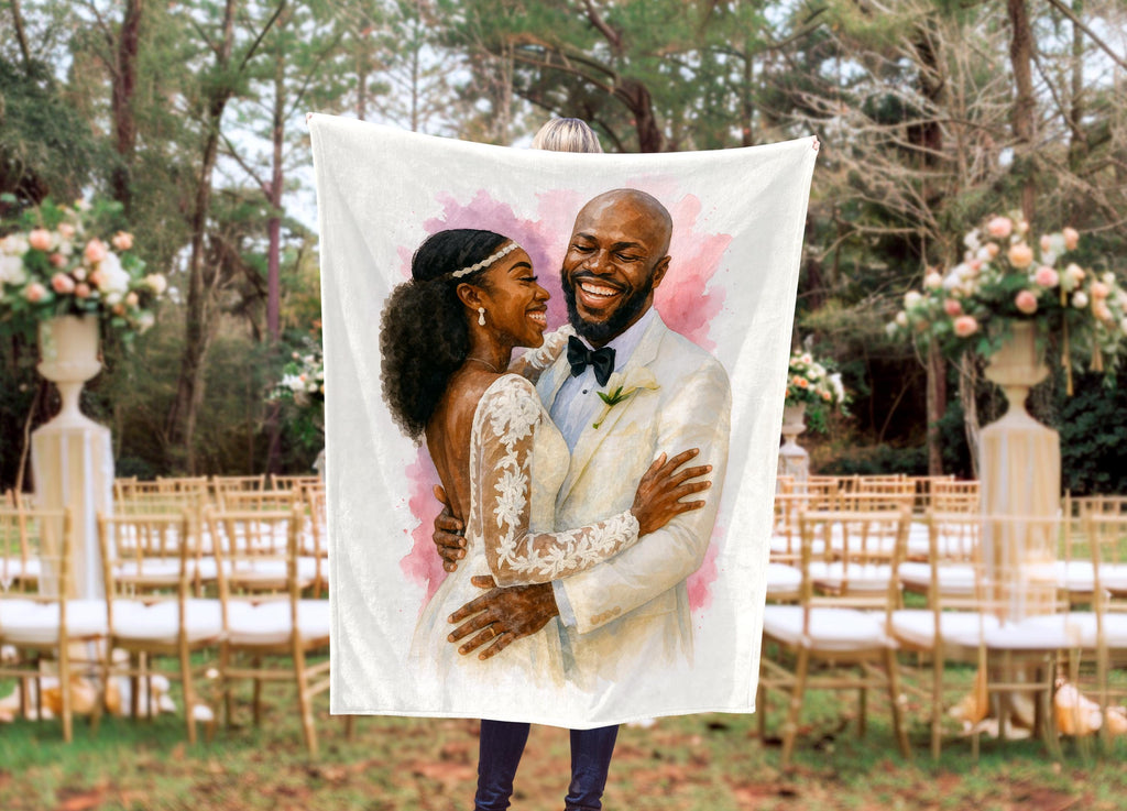 Custom Wedding Watercolor Blanket from Photo, Personalized Bride and Groom Gift, Romantic Anniversary Keepsake, Cute Couple Home Decor