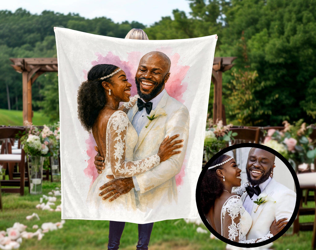 Romantic Watercolor Wedding Blanket from Photo, Custom Couple Portrait Throw, Personalized Anniversary Gift for Bride and Groom