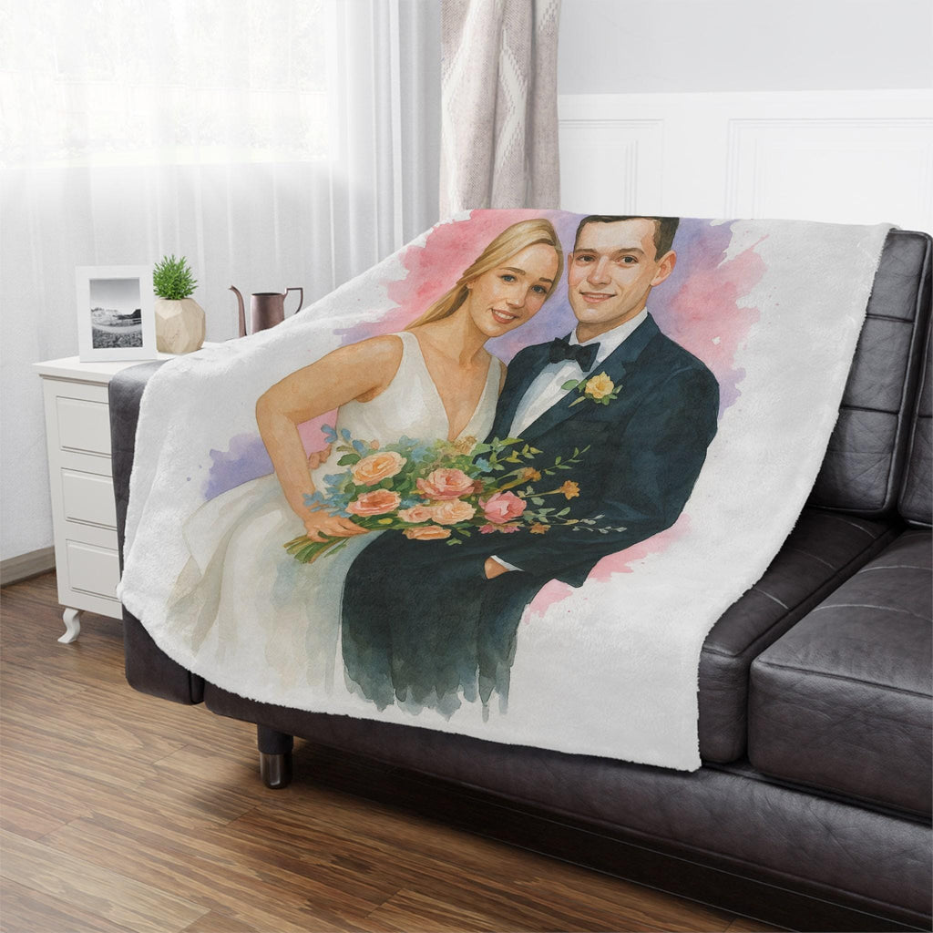 Bride and Groom Watercolor Blanket from Photo, Custom Wedding Gift, Cozy Couple Throw, Personalized Anniversary Keepsake