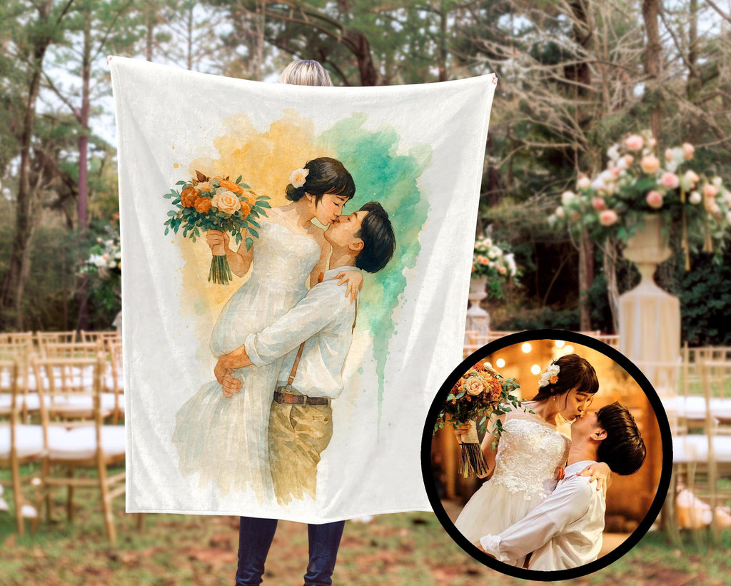 Bride and Groom Watercolor Blanket from Photo, Custom Wedding Gift, Cozy Couple Throw, Personalized Anniversary Keepsake