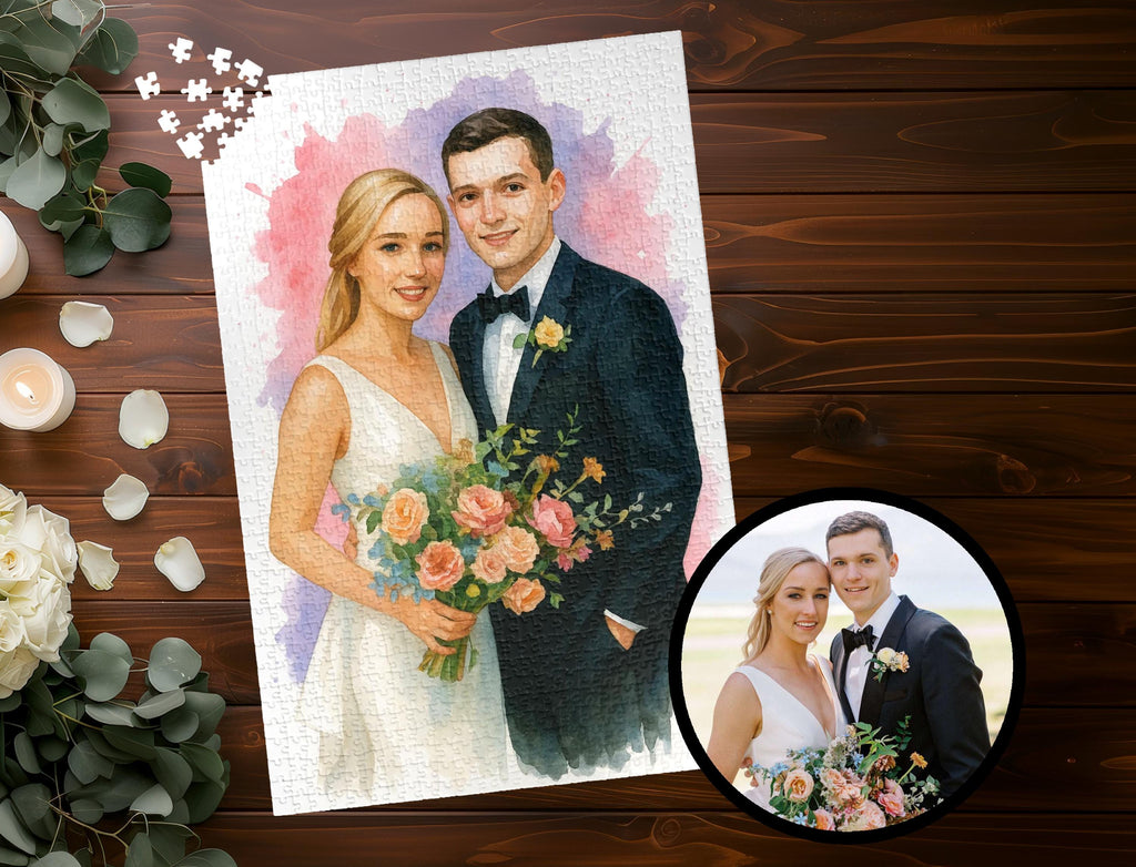 Custom Wedding Watercolor Jigsaw Puzzle From Photo, Personalized Bride and Groom Gift, Romantic Anniversary Keepsake (110 - 1014 pieces)