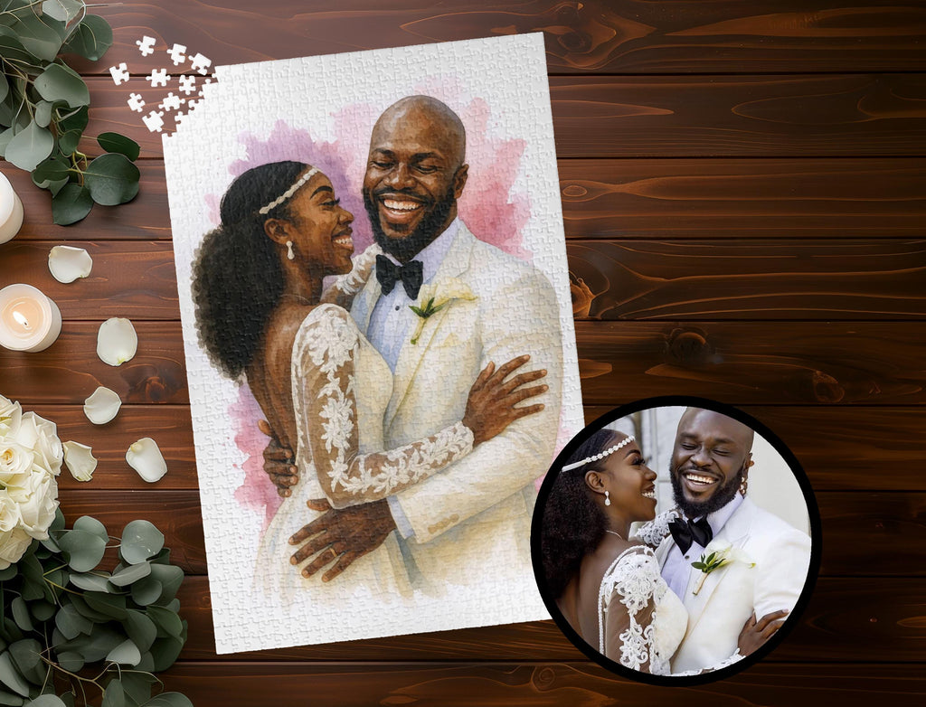 Romantic Anniversary Puzzle Gift, Custom Watercolor Jigsaw from Wedding Photo, Personalized Bride and Groom Keepsake (110 - 1014 pieces)
