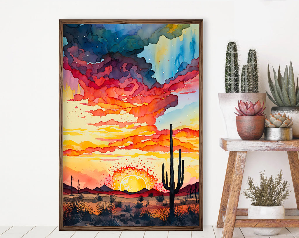 Western Boho Poster Mockup – 2:3 Vertical Frame PSD Template, Cactus Wall Art Mockup, Rustic Southwest Display for Etsy Sellers