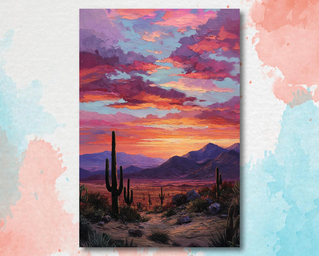 Desert Cactus Sunset Oil Painting Print - Colorful Wall Art Southwest Saguaro Landscape Beautiful Nature Home Decor Gift