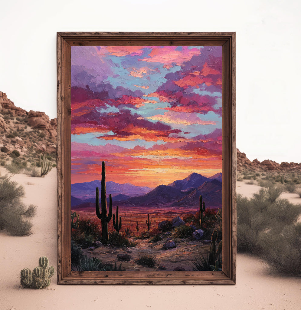 Desert Cactus Sunset Oil Painting Print - Colorful Wall Art Southwest Saguaro Landscape Beautiful Nature Home Decor Gift