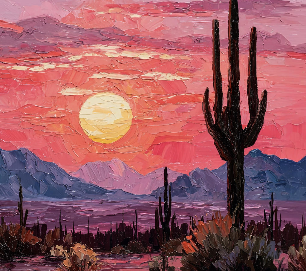 Desert Cactus Sunset Oil Painting Print - Colorful Wall Art Southwest Saguaro Landscape Beautiful Nature Home Decor Gift