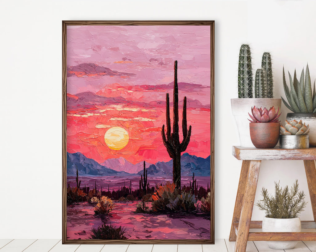 Desert Cactus Sunset Oil Painting Print - Colorful Wall Art Southwest Saguaro Landscape Beautiful Nature Home Decor Gift
