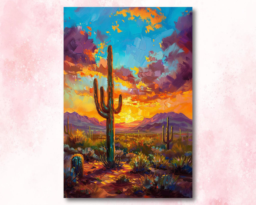 Desert Cactus Sunset Oil Painting Print - Colorful Wall Art Southwest Saguaro Landscape Beautiful Nature Home Decor Gift