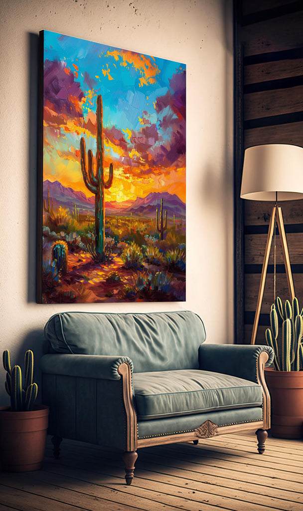 Desert Cactus Sunset Oil Painting Print - Colorful Wall Art Southwest Saguaro Landscape Beautiful Nature Home Decor Gift