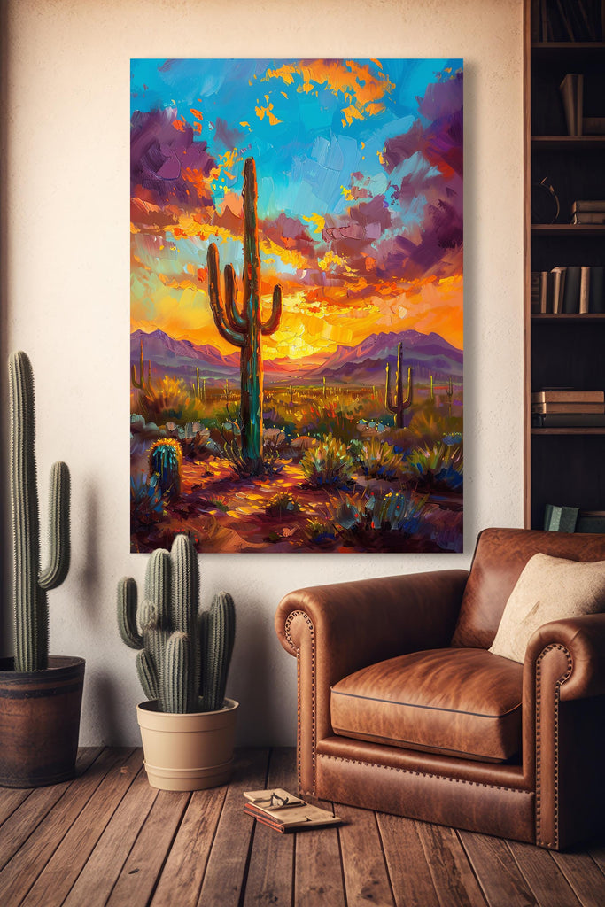 Desert Cactus Sunset Oil Painting Print - Colorful Wall Art Southwest Saguaro Landscape Beautiful Nature Home Decor Gift