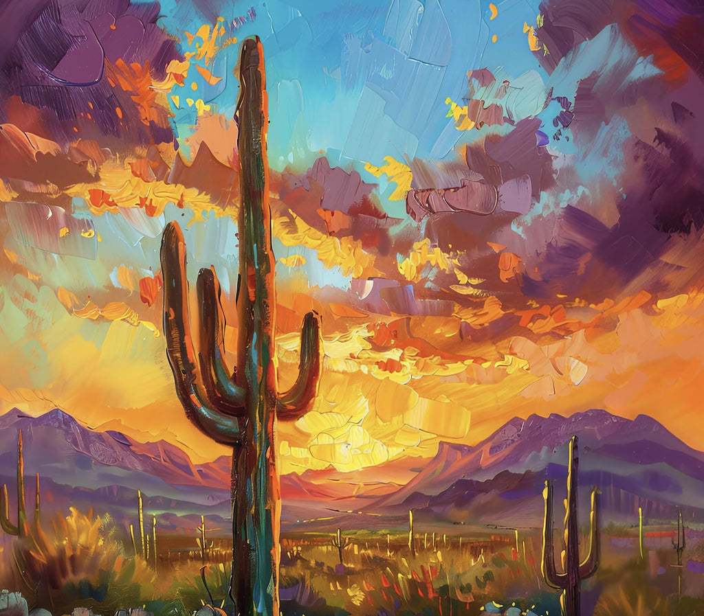 Desert Cactus Sunset Oil Painting Print - Colorful Wall Art Southwest Saguaro Landscape Beautiful Nature Home Decor Gift