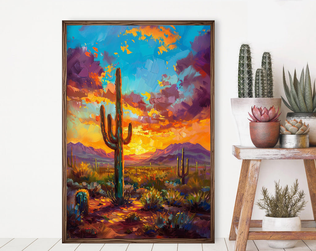 Desert Cactus Sunset Oil Painting Print - Colorful Wall Art Southwest Saguaro Landscape Beautiful Nature Home Decor Gift