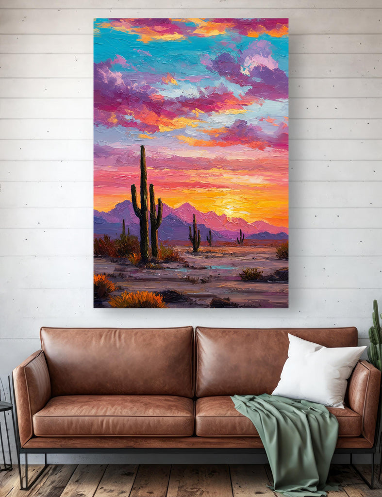 Desert Cactus Sunset Oil Painting Print - Colorful Wall Art Southwest Saguaro Landscape Beautiful Nature Home Decor Gift