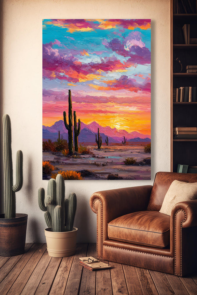 Desert Cactus Sunset Oil Painting Print - Colorful Wall Art Southwest Saguaro Landscape Beautiful Nature Home Decor Gift