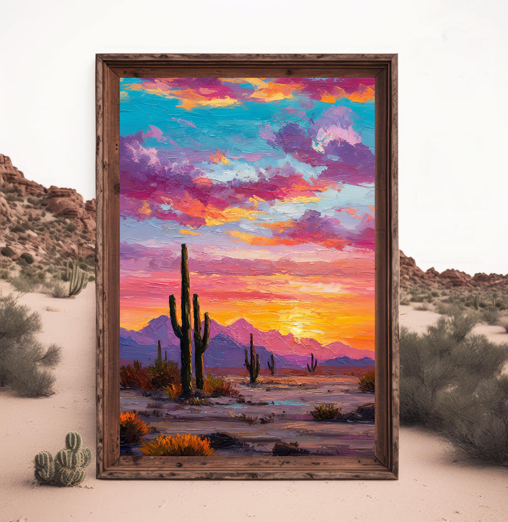 Desert Cactus Sunset Oil Painting Print - Colorful Wall Art Southwest Saguaro Landscape Beautiful Nature Home Decor Gift