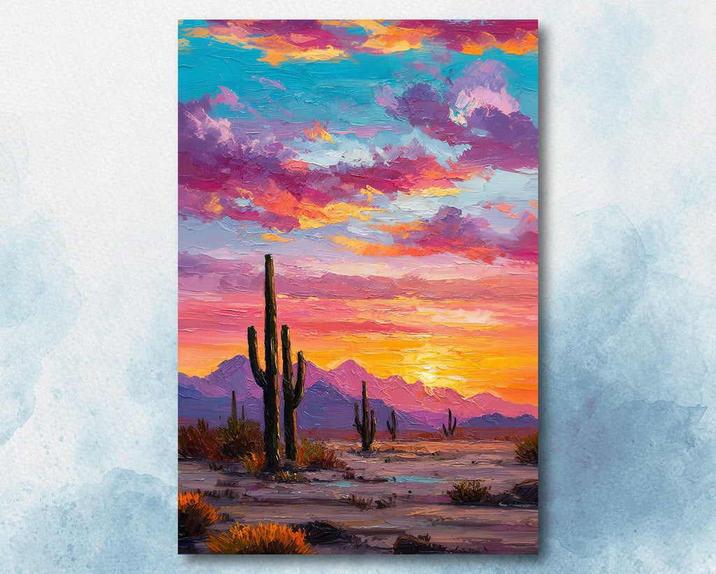 Desert Cactus Sunset Oil Painting Print - Colorful Wall Art Southwest Saguaro Landscape Beautiful Nature Home Decor Gift