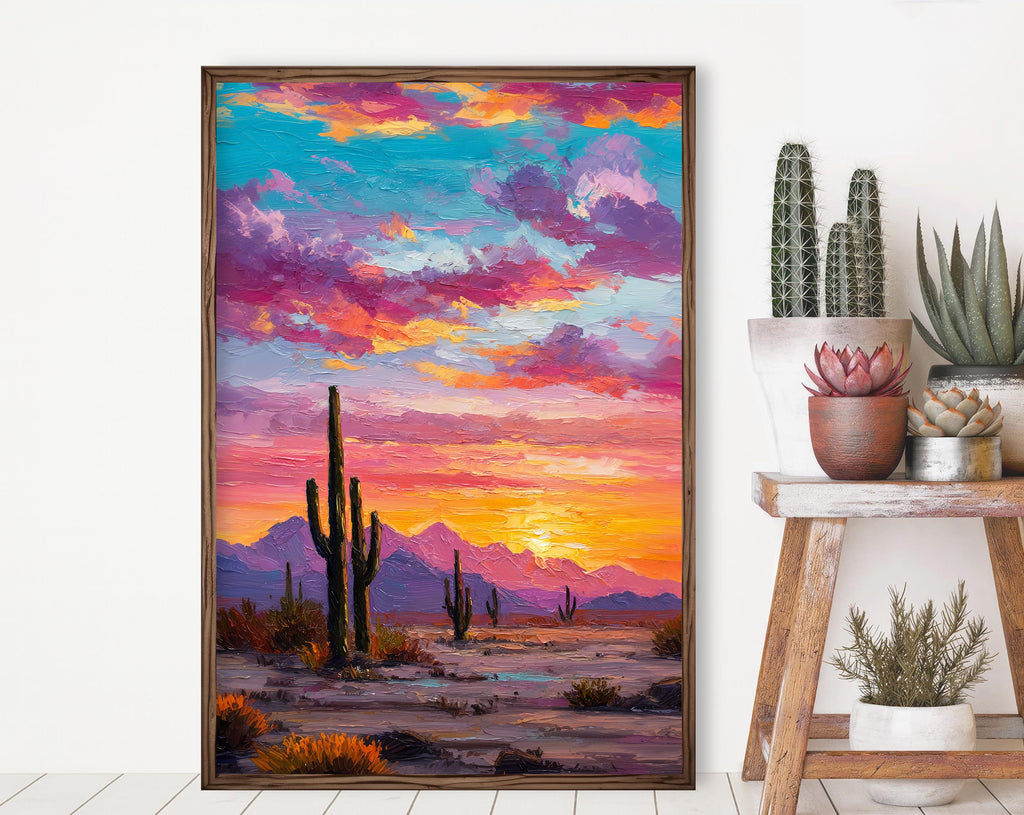 Desert Cactus Sunset Oil Painting Print - Colorful Wall Art Southwest Saguaro Landscape Beautiful Nature Home Decor Gift
