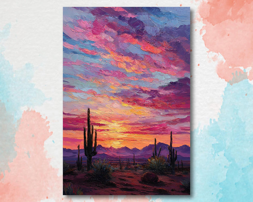 Desert Cactus Sunset Oil Painting Print - Colorful Wall Art Southwest Saguaro Landscape Beautiful Nature Home Decor Gift