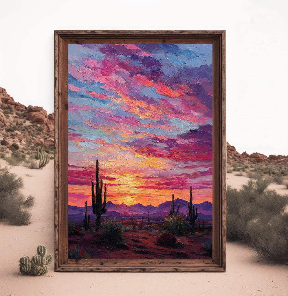 Desert Cactus Sunset Oil Painting Print - Colorful Wall Art Southwest Saguaro Landscape Beautiful Nature Home Decor Gift