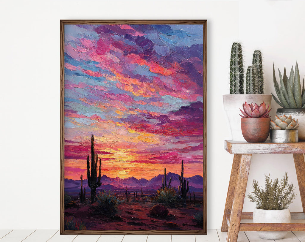 Desert Cactus Sunset Oil Painting Print - Colorful Wall Art Southwest Saguaro Landscape Beautiful Nature Home Decor Gift