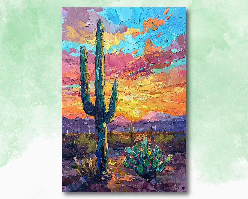 Desert Cactus Sunset Oil Painting Print - Colorful Wall Art Southwest Saguaro Landscape Beautiful Nature Home Decor Gift