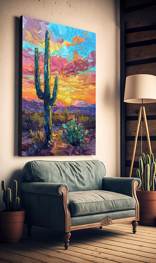Desert Cactus Sunset Oil Painting Print - Colorful Wall Art Southwest Saguaro Landscape Beautiful Nature Home Decor Gift