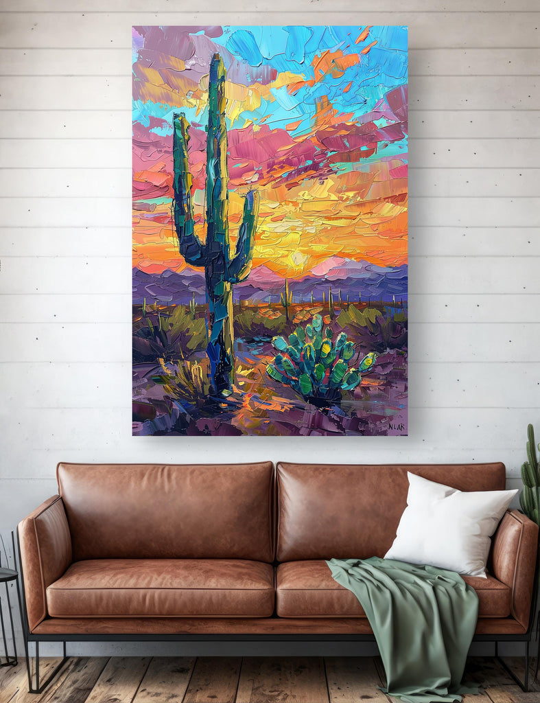 Desert Cactus Sunset Oil Painting Print - Colorful Wall Art Southwest Saguaro Landscape Beautiful Nature Home Decor Gift