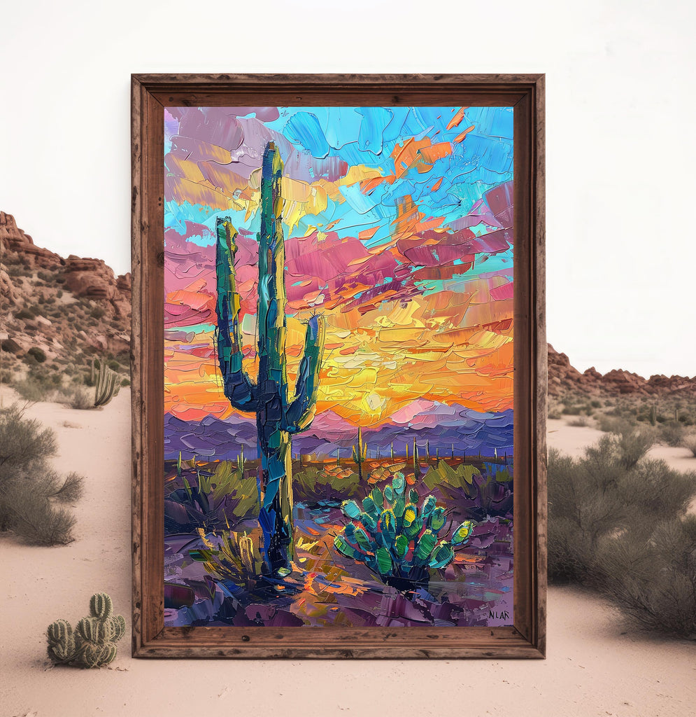 Desert Cactus Sunset Oil Painting Print - Colorful Wall Art Southwest Saguaro Landscape Beautiful Nature Home Decor Gift