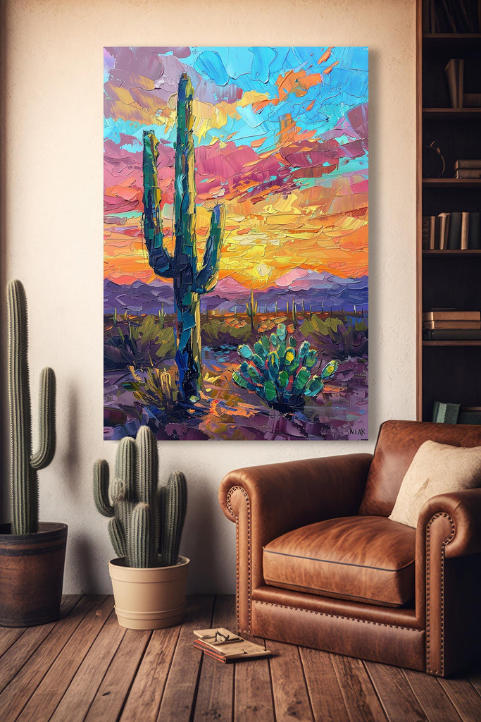 Desert Cactus Sunset Oil Painting Print - Colorful Wall Art Southwest Saguaro Landscape Beautiful Nature Home Decor Gift