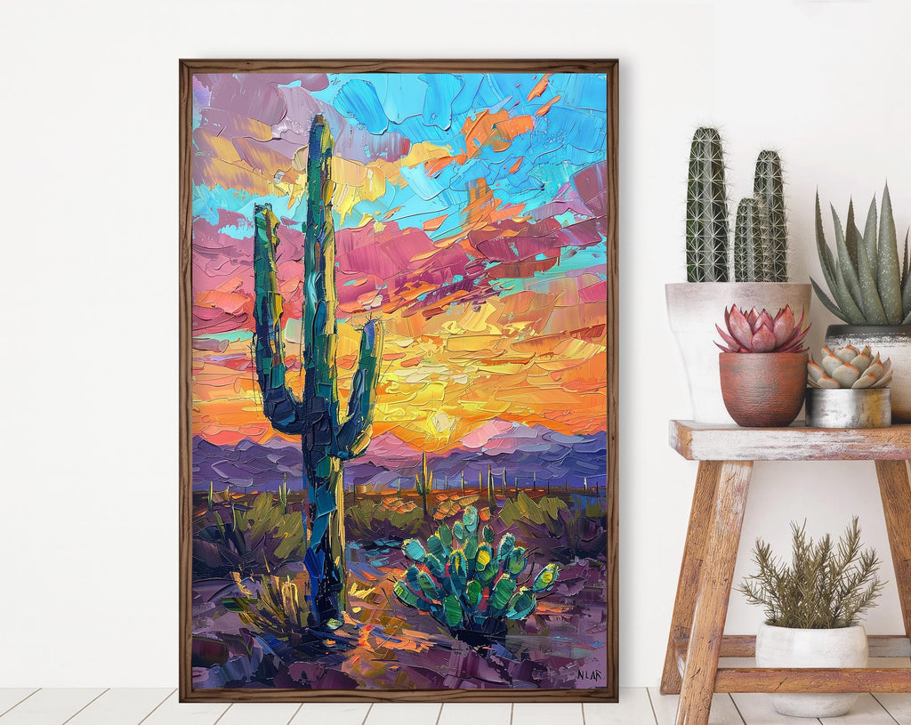 Desert Cactus Sunset Oil Painting Print - Colorful Wall Art Southwest Saguaro Landscape Beautiful Nature Home Decor Gift