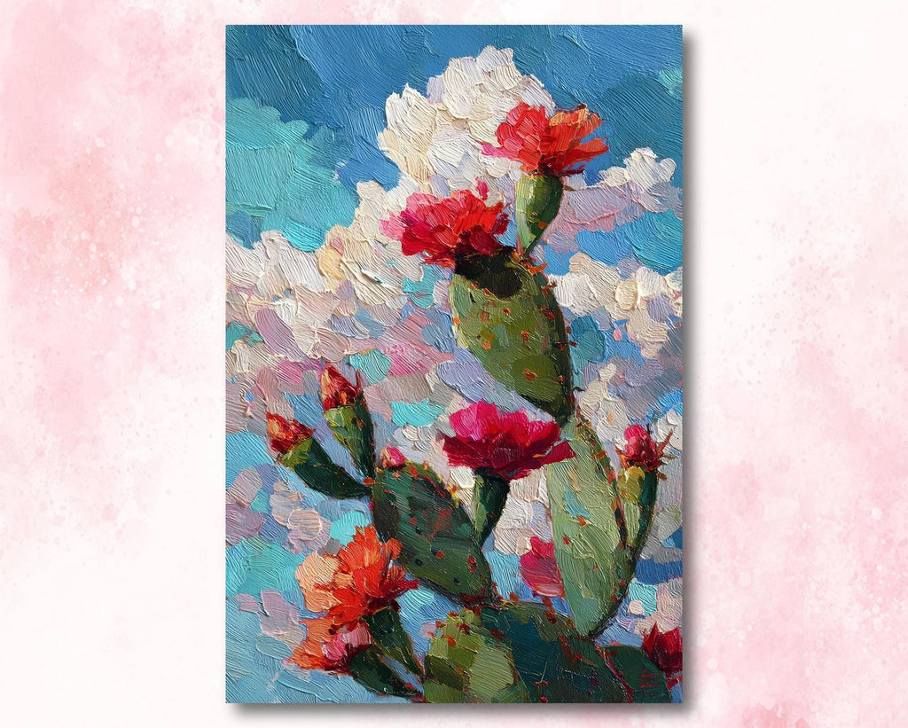 Flower Prickly Pear Cactus Oil Painting Print Botanical Desert Wall Art Nature Inspired Sonoran Art Southwest Western Decor Gift