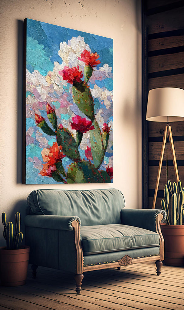Flower Prickly Pear Cactus Oil Painting Print Botanical Desert Wall Art Nature Inspired Sonoran Art Southwest Western Decor Gift