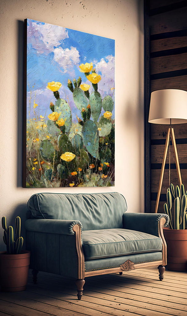 Flower Prickly Pear Cactus Oil Painting Print Botanical Desert Wall Art Nature Inspired Sonoran Art Southwest Western Decor Gift