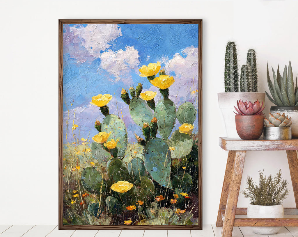Flower Prickly Pear Cactus Oil Painting Print Botanical Desert Wall Art Nature Inspired Sonoran Art Southwest Western Decor Gift