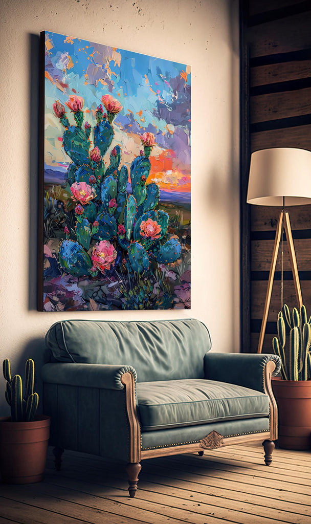 Flower Prickly Pear Cactus Sunset Oil Painting Print Botanical Desert Wall Art Nature Inspired Sonoran Art Southwest Western Decor Gift