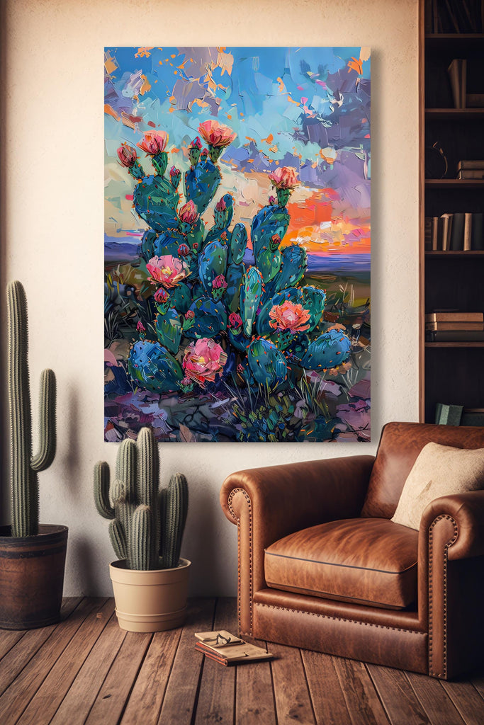 Flower Prickly Pear Cactus Sunset Oil Painting Print Botanical Desert Wall Art Nature Inspired Sonoran Art Southwest Western Decor Gift