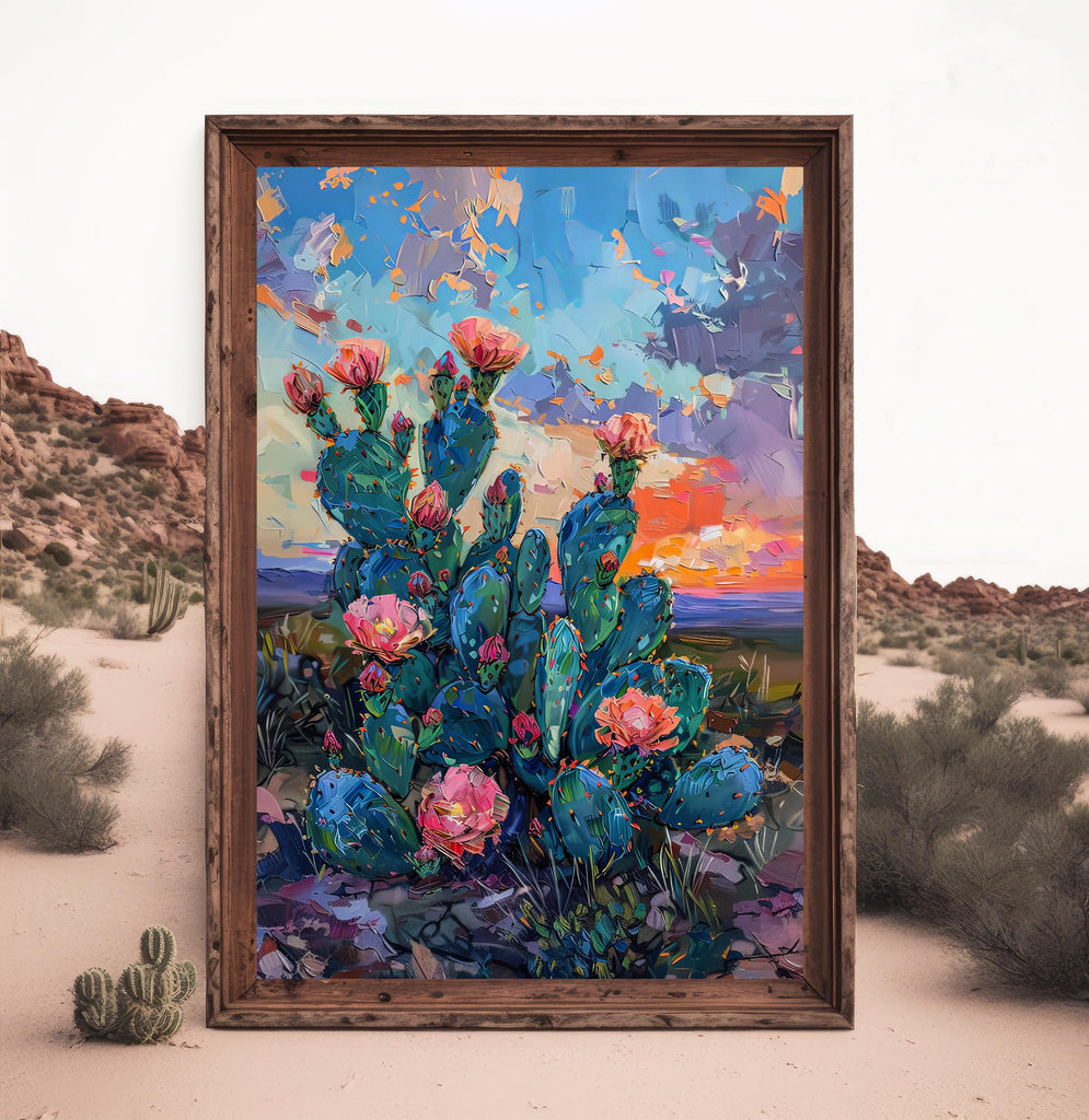 Flower Prickly Pear Cactus Sunset Oil Painting Print Botanical Desert Wall Art Nature Inspired Sonoran Art Southwest Western Decor Gift
