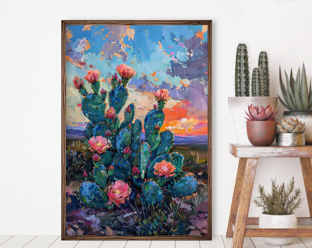 Flower Prickly Pear Cactus Sunset Oil Painting Print Botanical Desert Wall Art Nature Inspired Sonoran Art Southwest Western Decor Gift