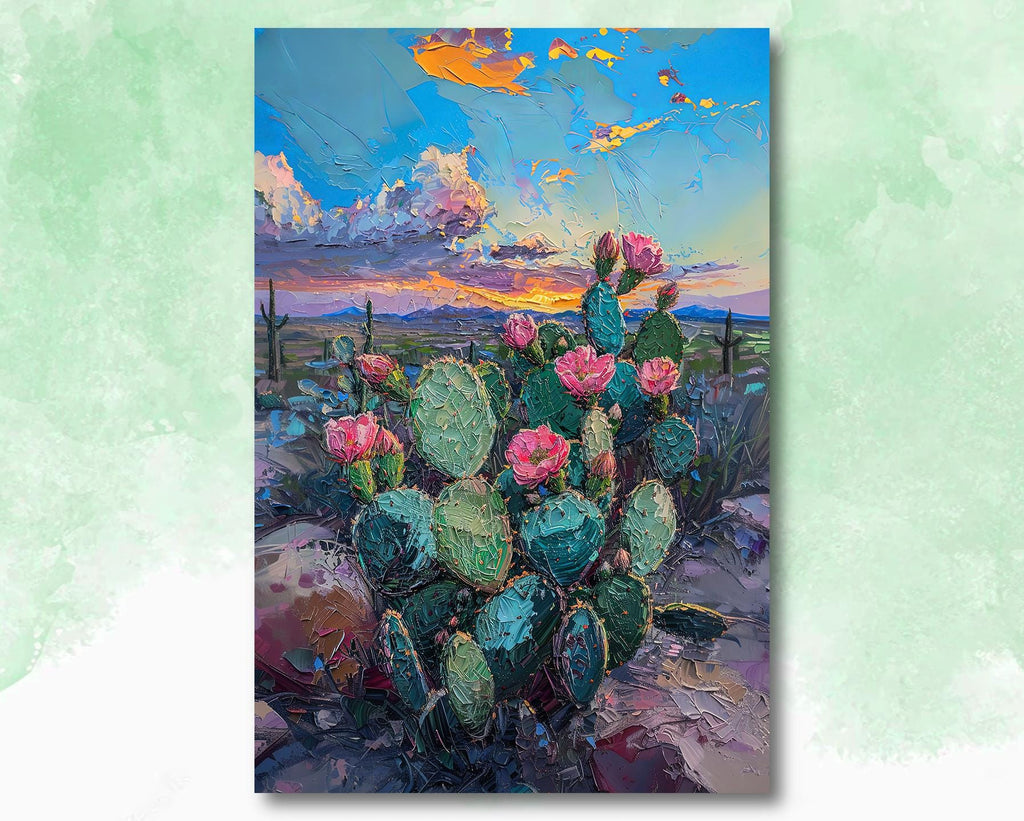 Flower Prickly Pear Cactus Sunset Oil Painting Print Botanical Desert Wall Art Nature Inspired Sonoran Art Southwest Western Decor Gift