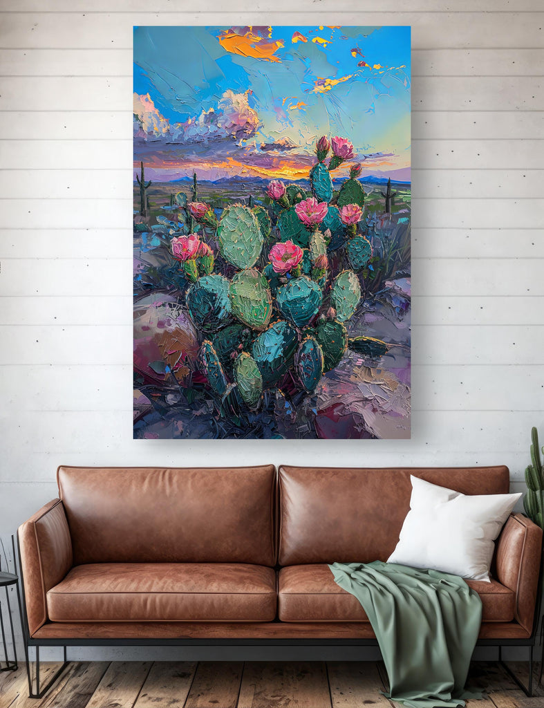 Flower Prickly Pear Cactus Sunset Oil Painting Print Botanical Desert Wall Art Nature Inspired Sonoran Art Southwest Western Decor Gift