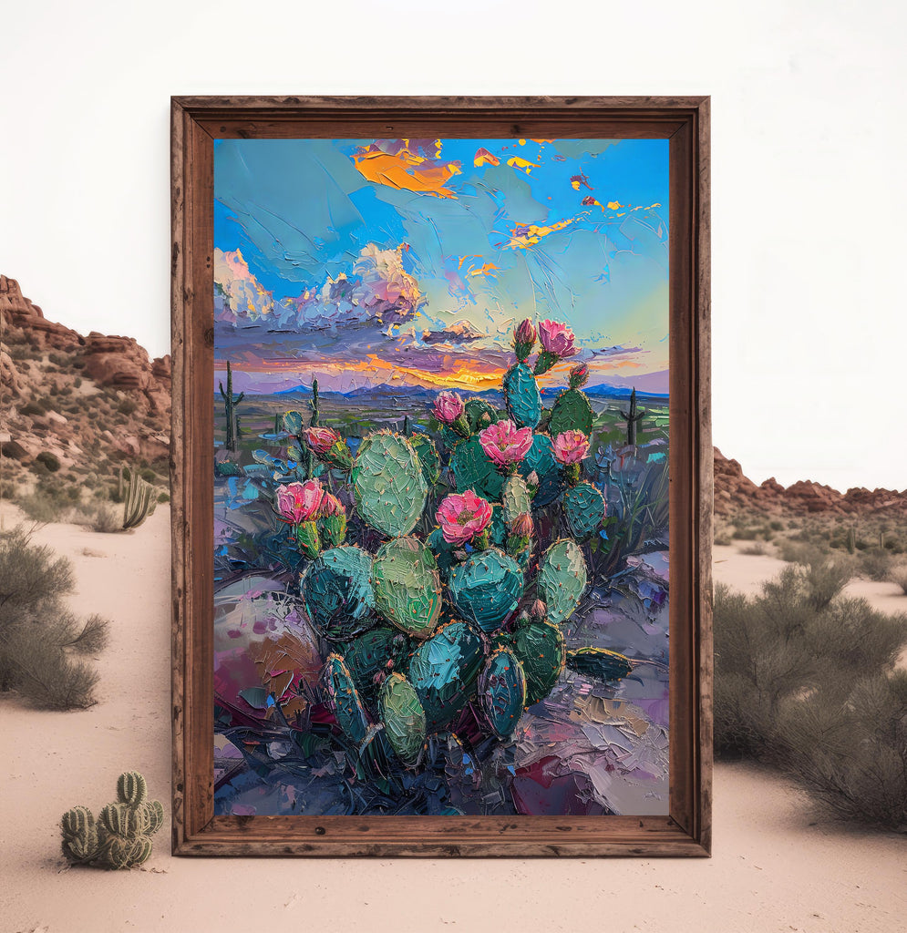 Flower Prickly Pear Cactus Sunset Oil Painting Print Botanical Desert Wall Art Nature Inspired Sonoran Art Southwest Western Decor Gift